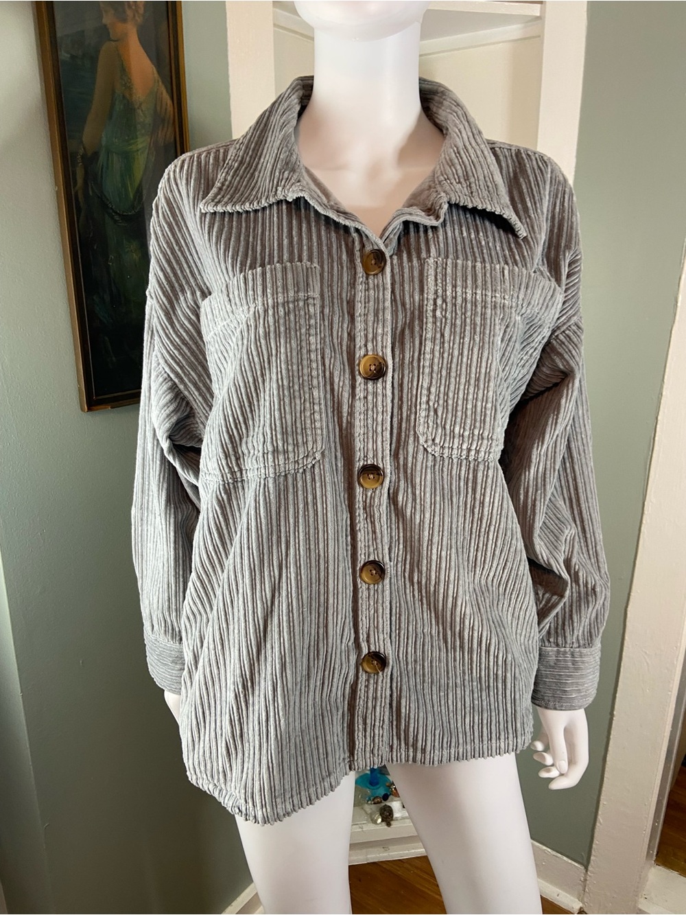 NWT New Arizona Jean Company Gray Corduroy Oversized Button-Down Shirt Shacket